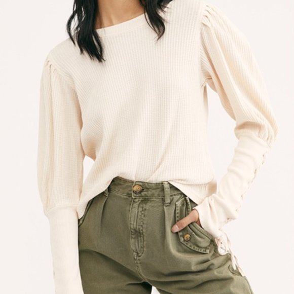 Free People Lace Up Sleeve Tasha Thermal Shirt in Ivory - Picture 1 of 4